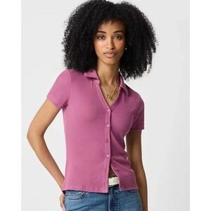 J.Crew Women's Ribbed Button-Up Polo Top Slim Fit Purple Mauve L Large New